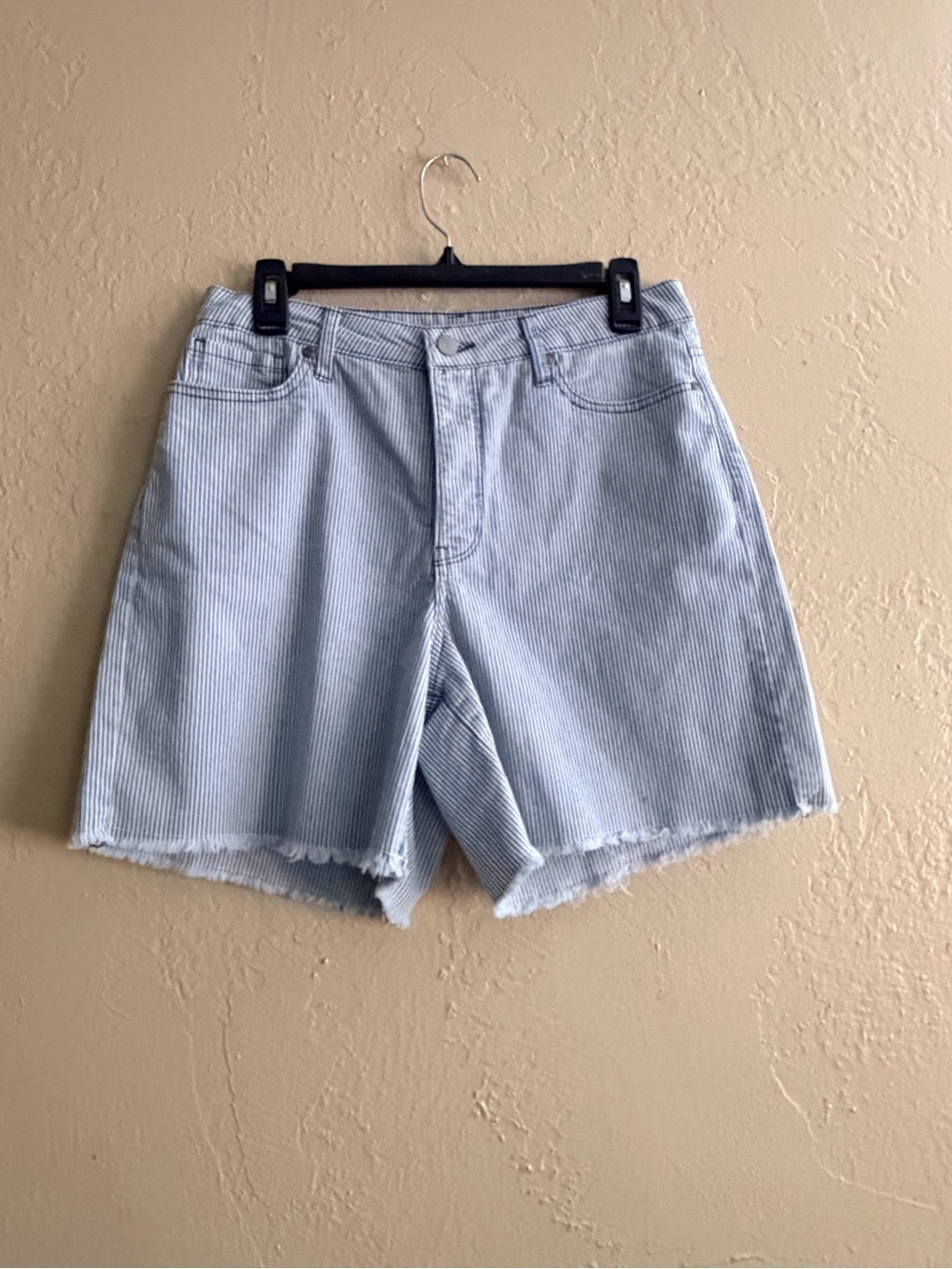 Workshop Republic Clothing Light Blue Pinstripe Denim Cutoff Shorts